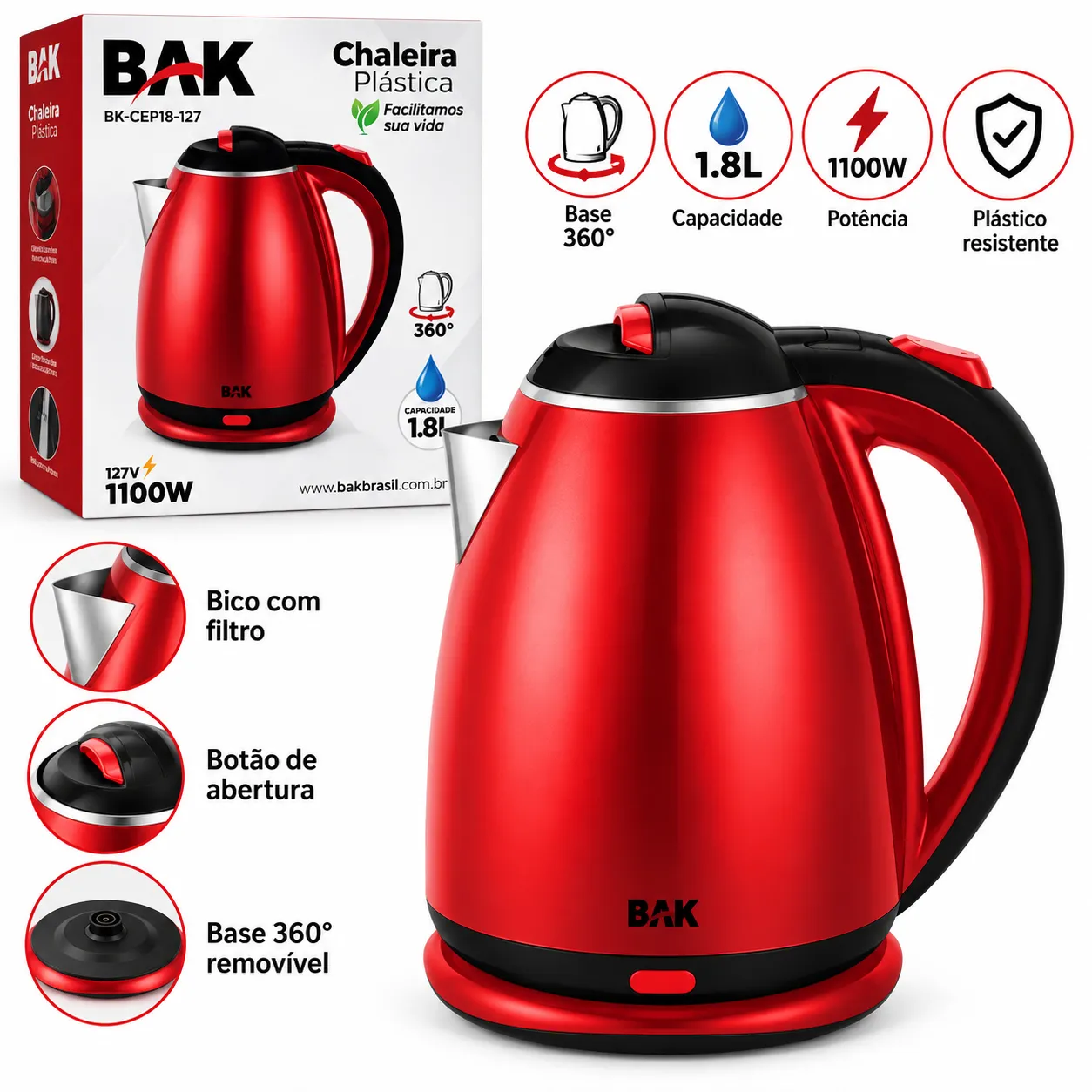 Chaleira Elétrica 1.8 Litros Cores Variadas 1100W Bak BAK-CEP18-127