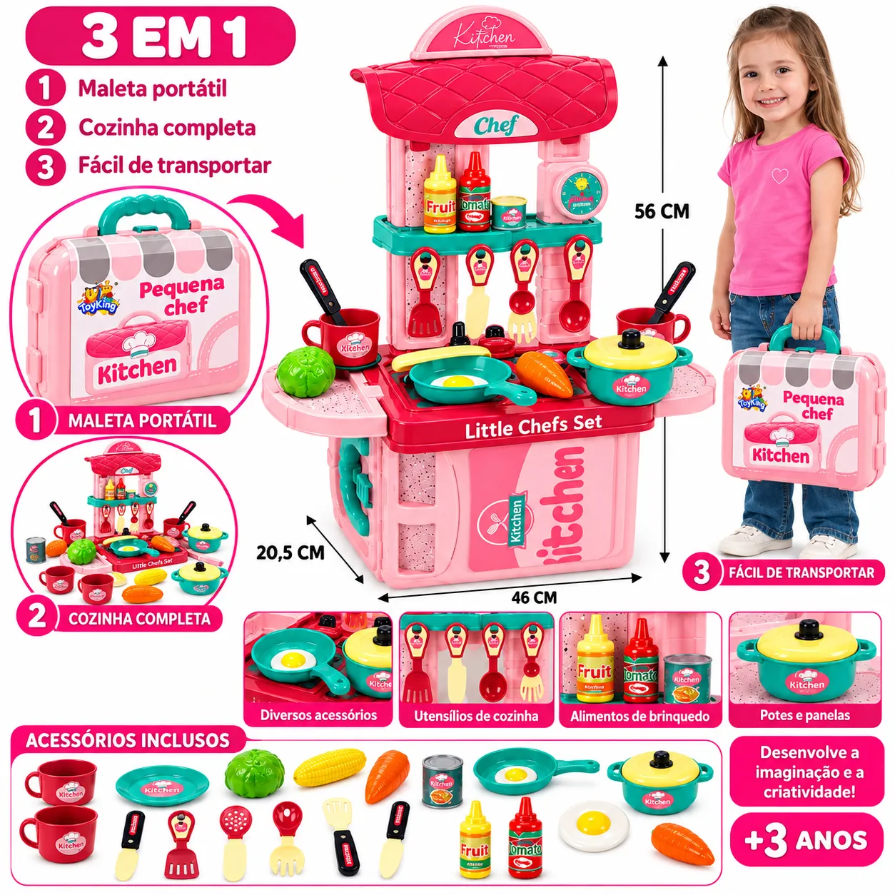 Cozinha Infantil Pequena Chef 3 em 1 com Maleta Toy King TK-AB8679 - 2