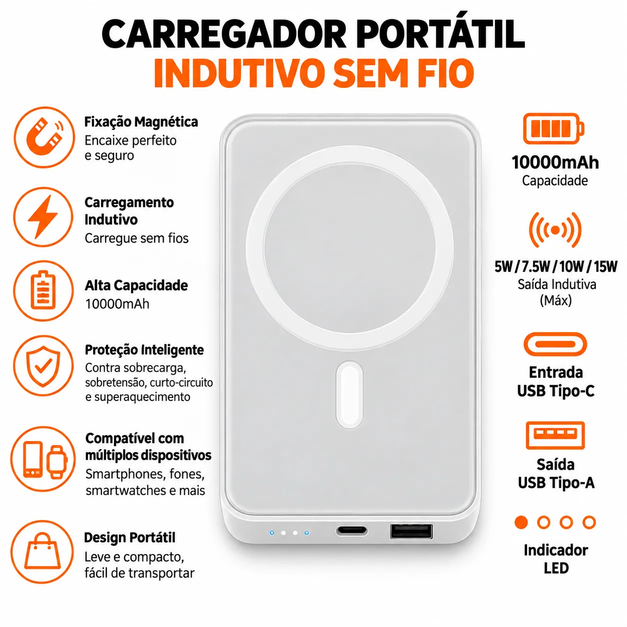 Carregador Portátil por Indução e Fixação Magnética Kaidi PB-8913 - 2
