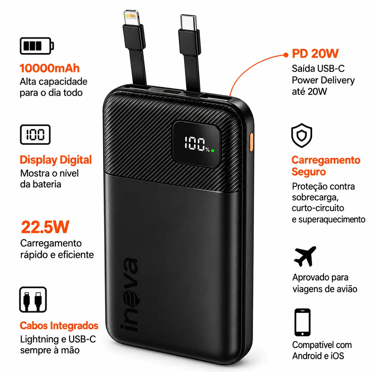 Carga Extra 10.000mAh 22,5W Com Cabos Inova BA-POW078G - 2