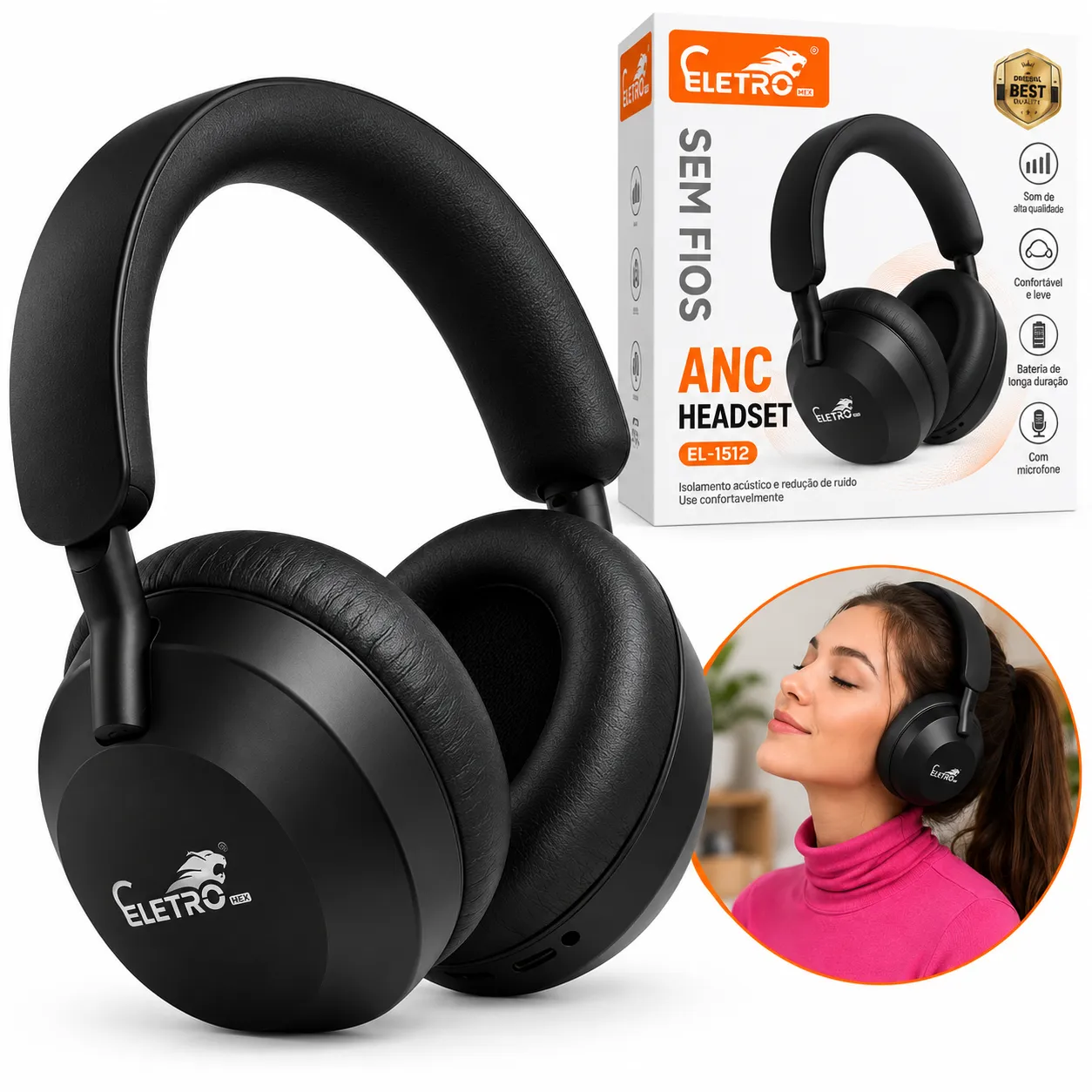 Headset Bluetooth ANC Com Redução Ativa De Ruído Eletromex EL-1512