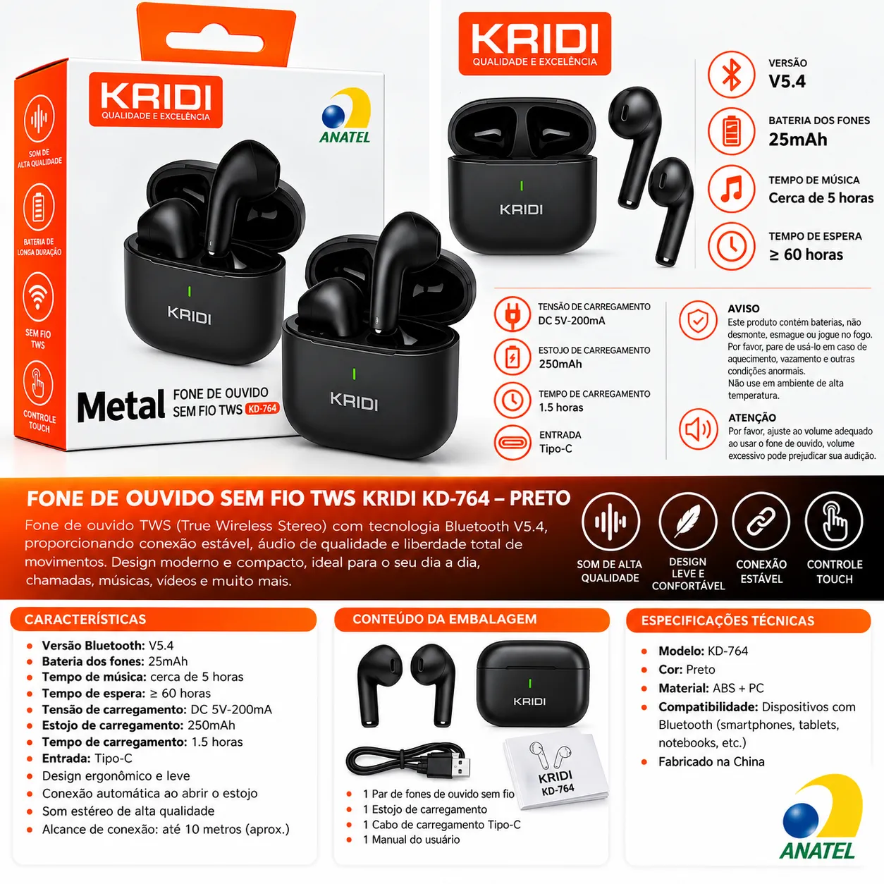 Fone de Ouvido Sem Fio TWS Metal Kaidi KD-764 - 2