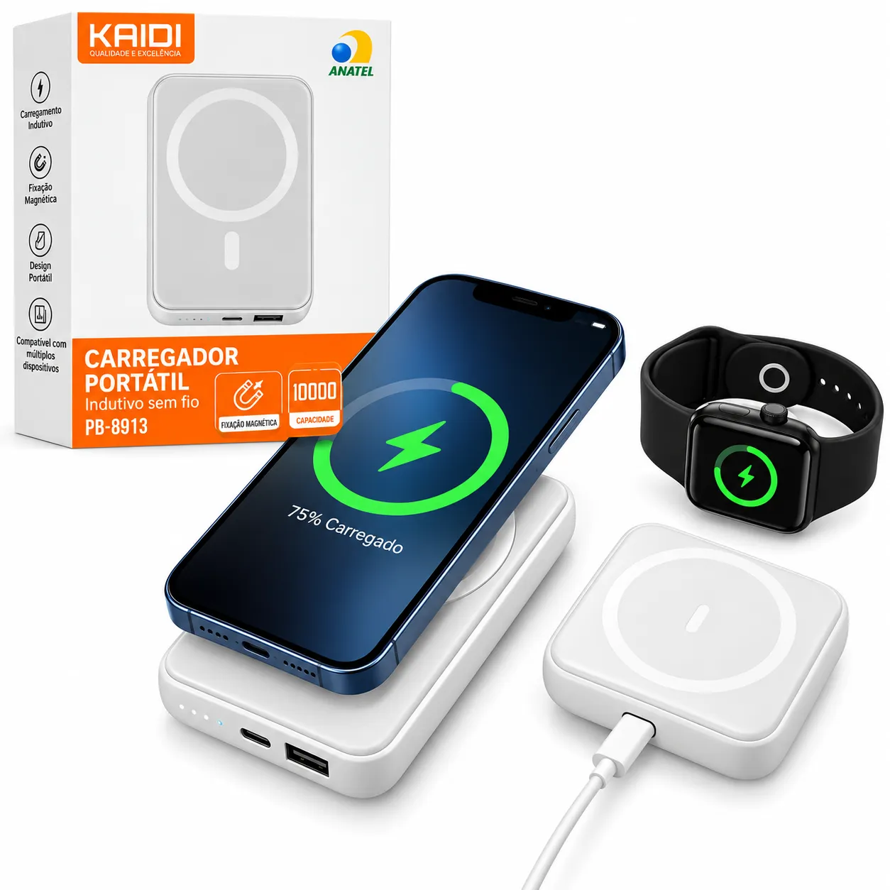 Carregador Portátil por Indução e Fixação Magnética Kaidi PB-8913