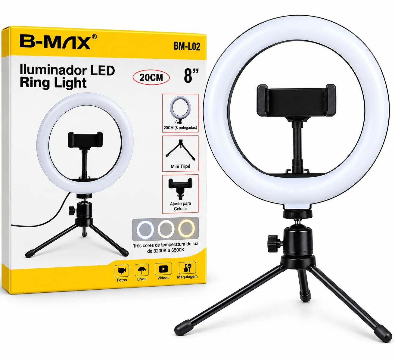 Iluminador Ring Light 8 Polegadas Com Suporte De Celular B-Max BM-L02