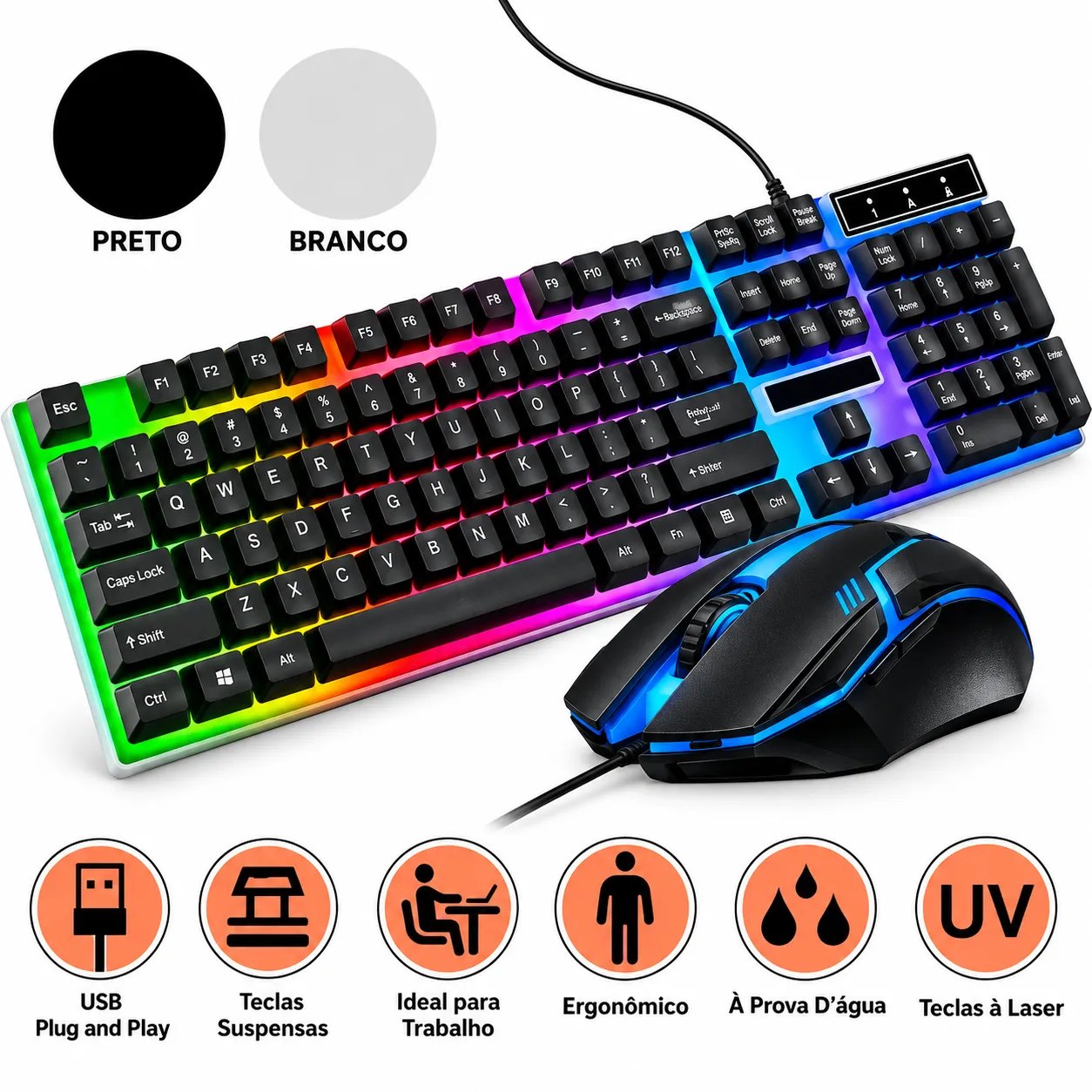 Kit Teclado e Mouse Gamer Com Fio LED RGB Eletromex EL-2112 - 2