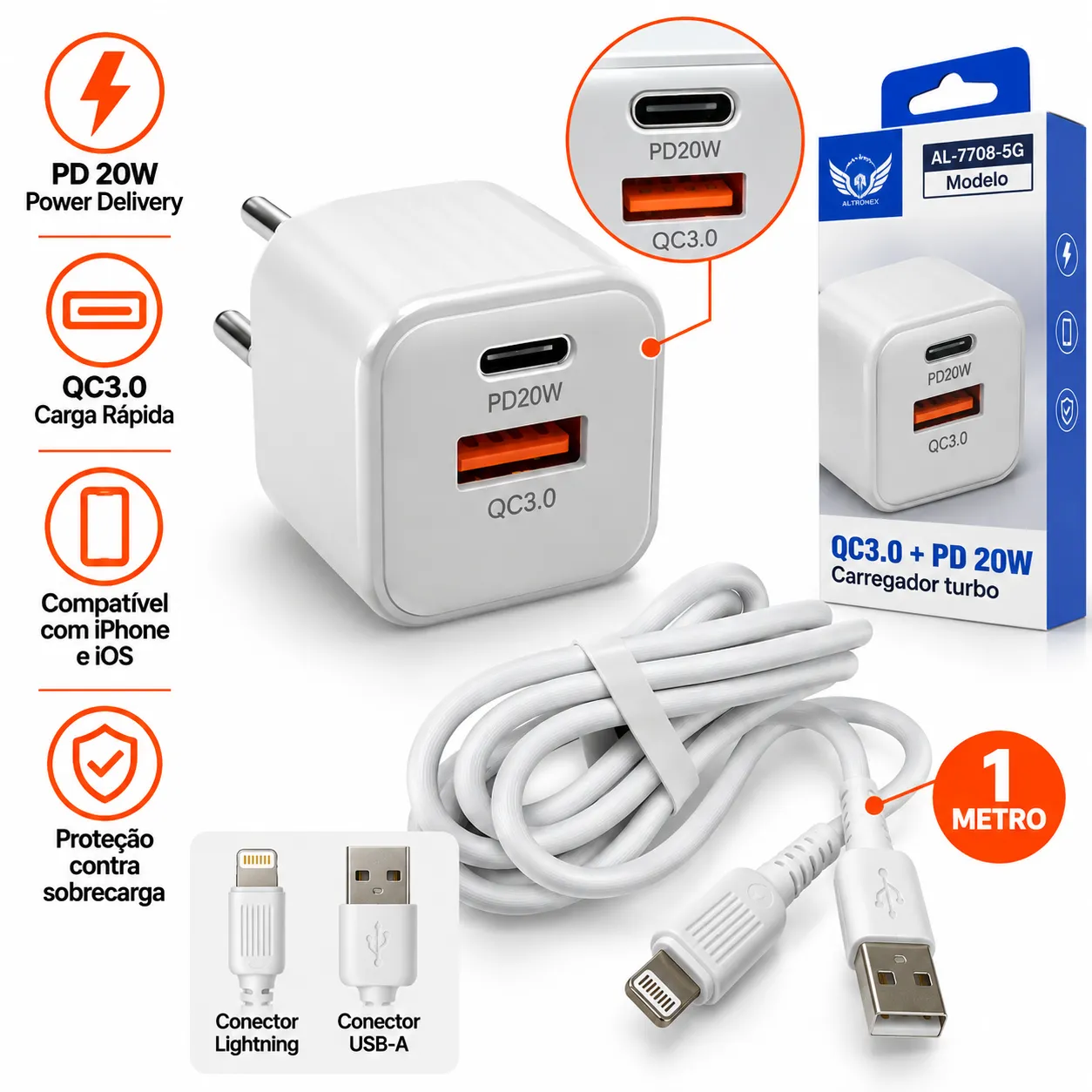 Carregador 20W USB-C E Type-C Cabo Iphone Altomex AL-7708-5G - 2