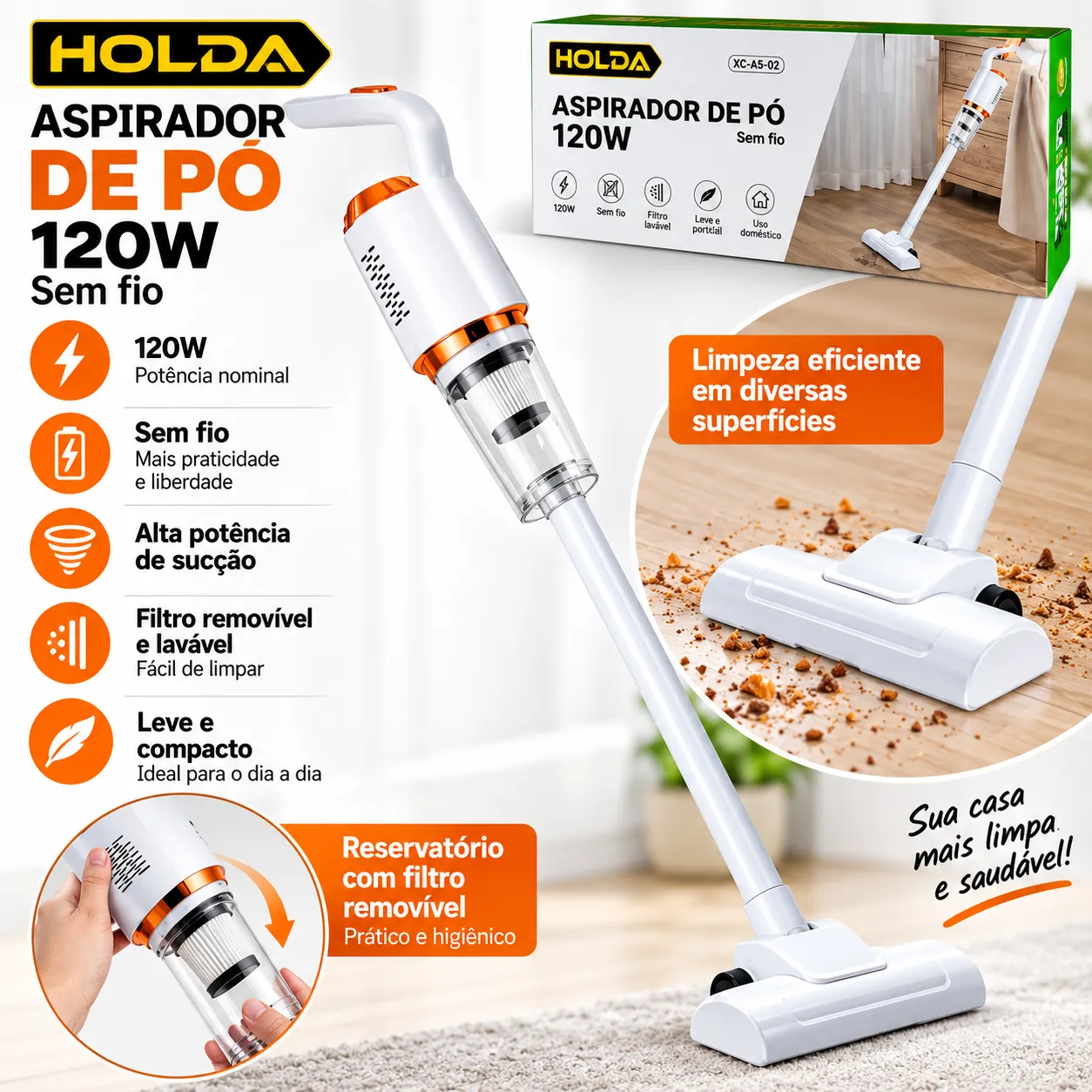 Aspirador de Pó sem fio 120W Potente e Leve XCell XC-AS-02