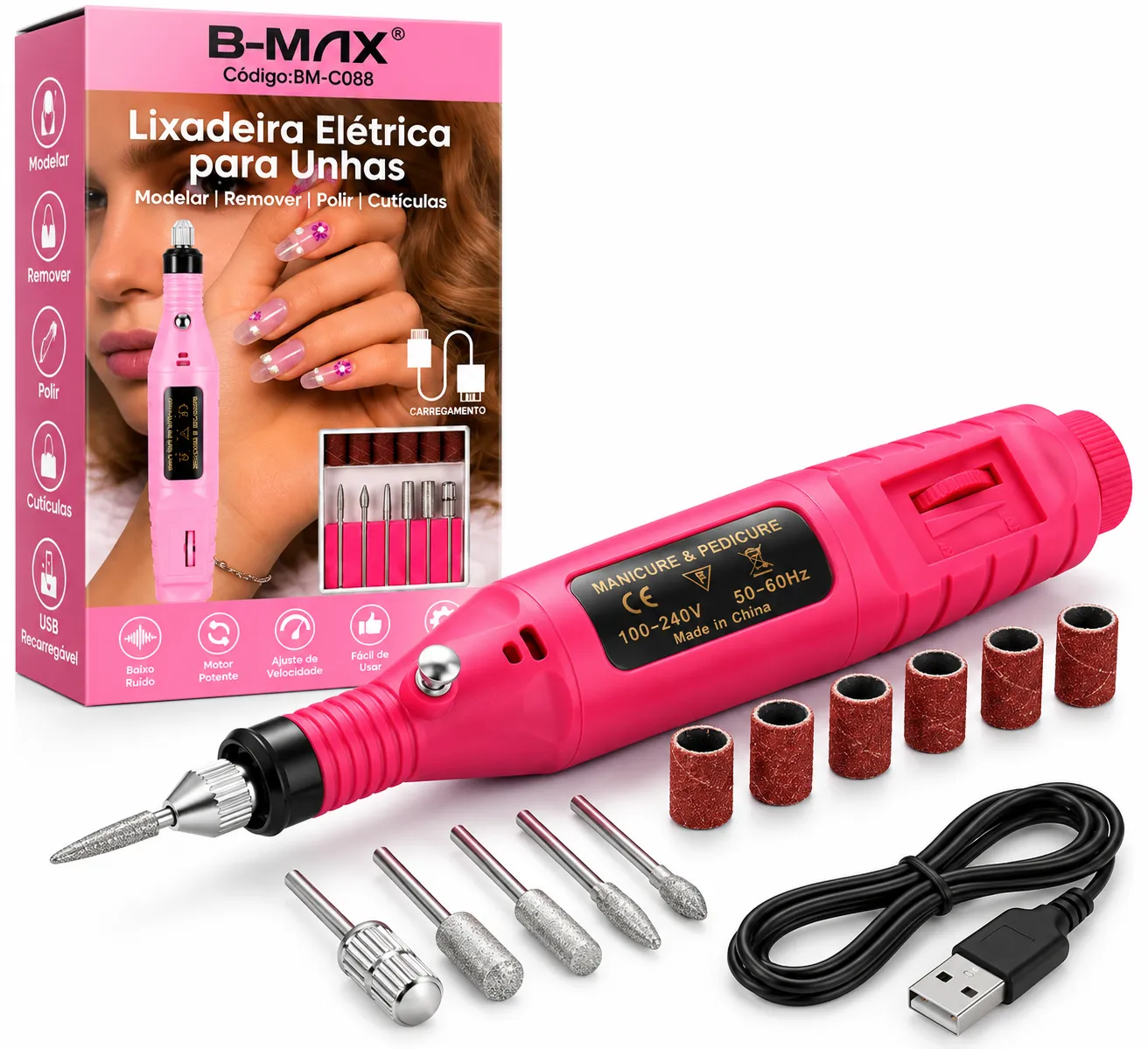 Lixa Unhas Elétrica Com 6 Ponteiras Profissional B-Max BM-C088