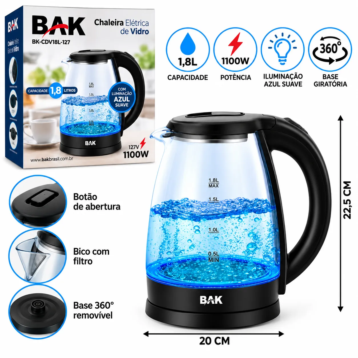 Chaleira Elétrica De Vidro 1.8 Litros 1100W Bak BK-CDV18L-127