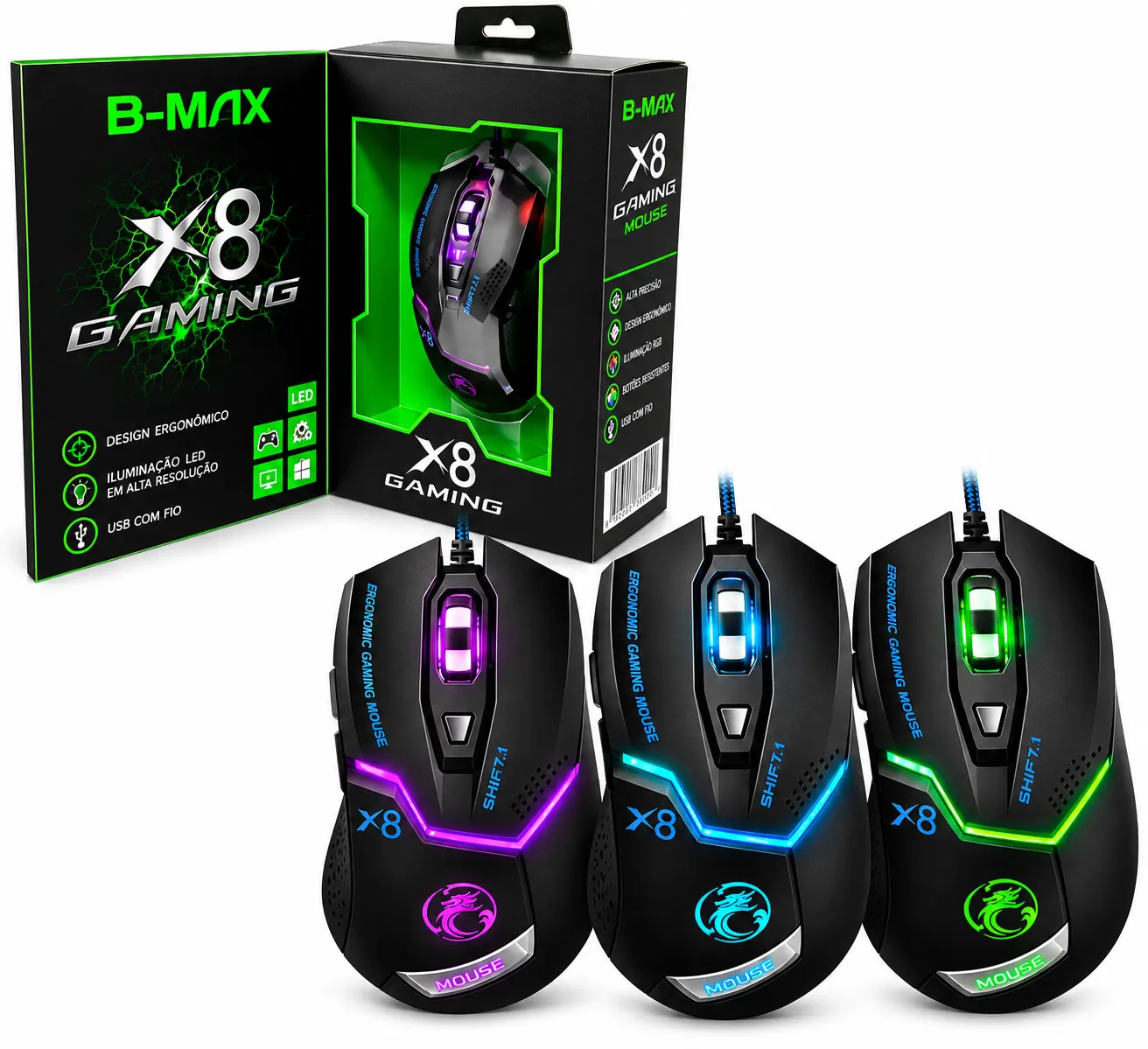 Mouse Óptico om fio para Jogos Gamer B-MAX X7