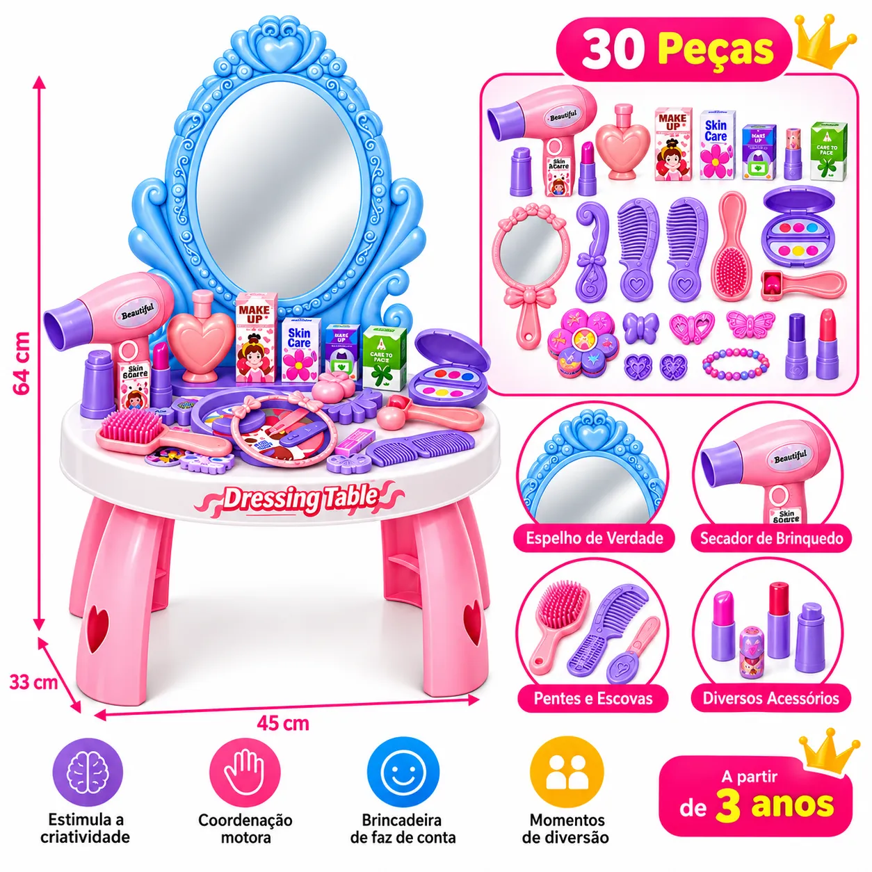 Penteadeira Infantil Encanto da Princesa 30 Peças ToyKing – TK-AB0193 - 2