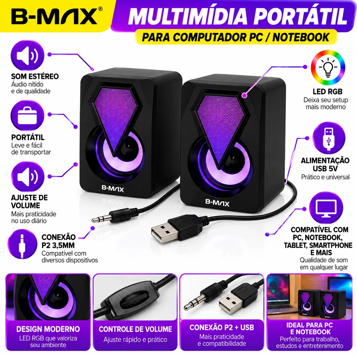 Caixa de Som Multimídia RGB USB/P2 para PC e Notebook B-Max BM-S207 - 2