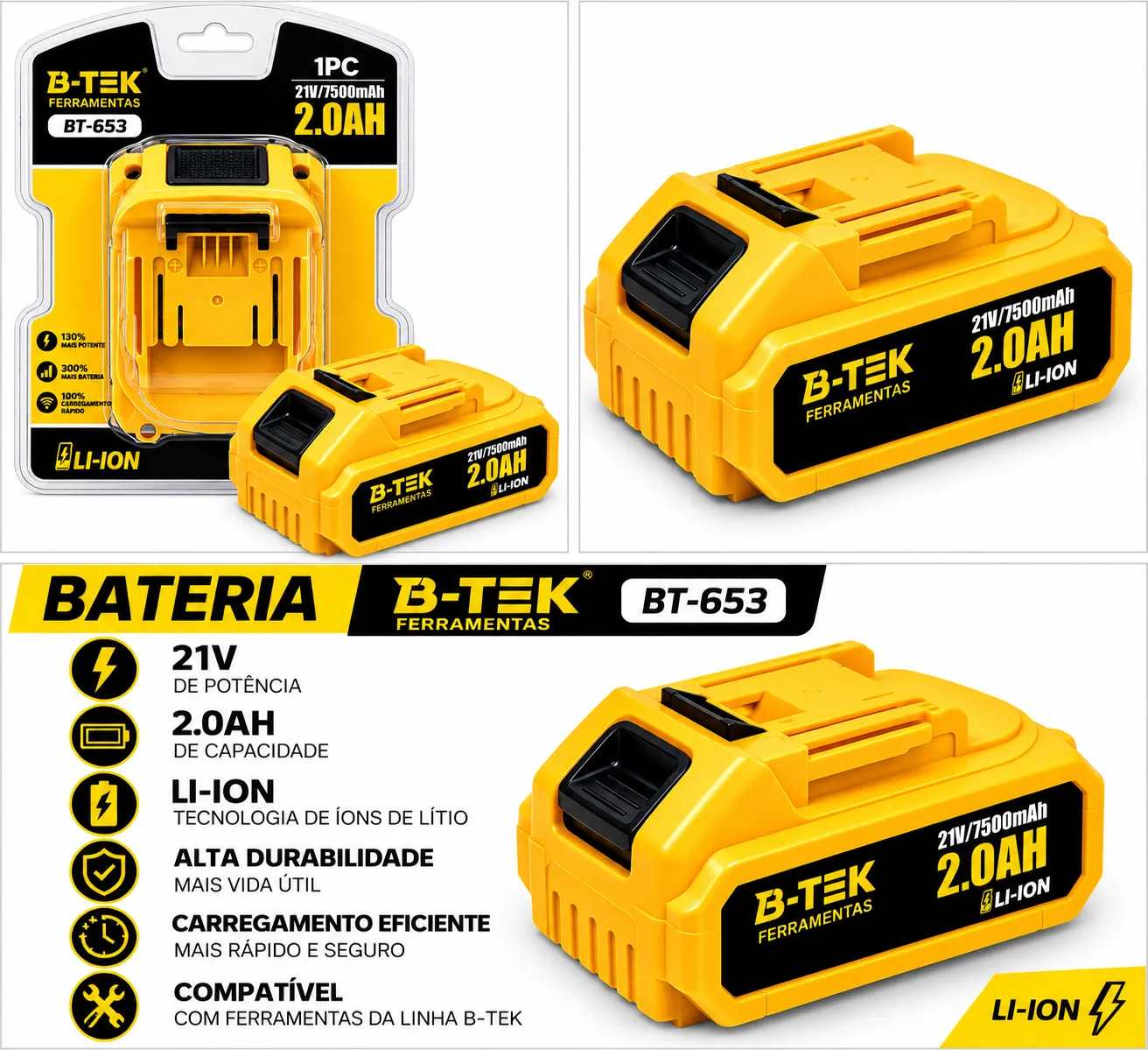Bateria Recarregável Ferramentas Elétricas 21V 750mah B-Tek BT-653 - 2