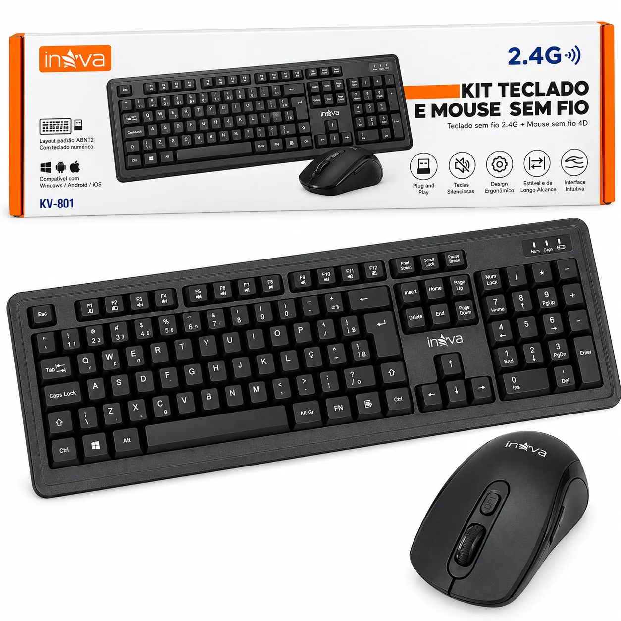 Kit Teclado e Mouse Sem Fio Inova KV-801