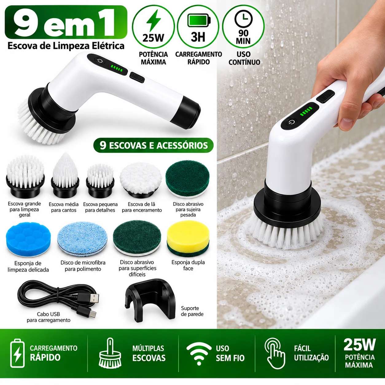 Escova de Limpeza Elétrica 9 em 1 Sem Fio 25W HA-QJS-9-1 - 2