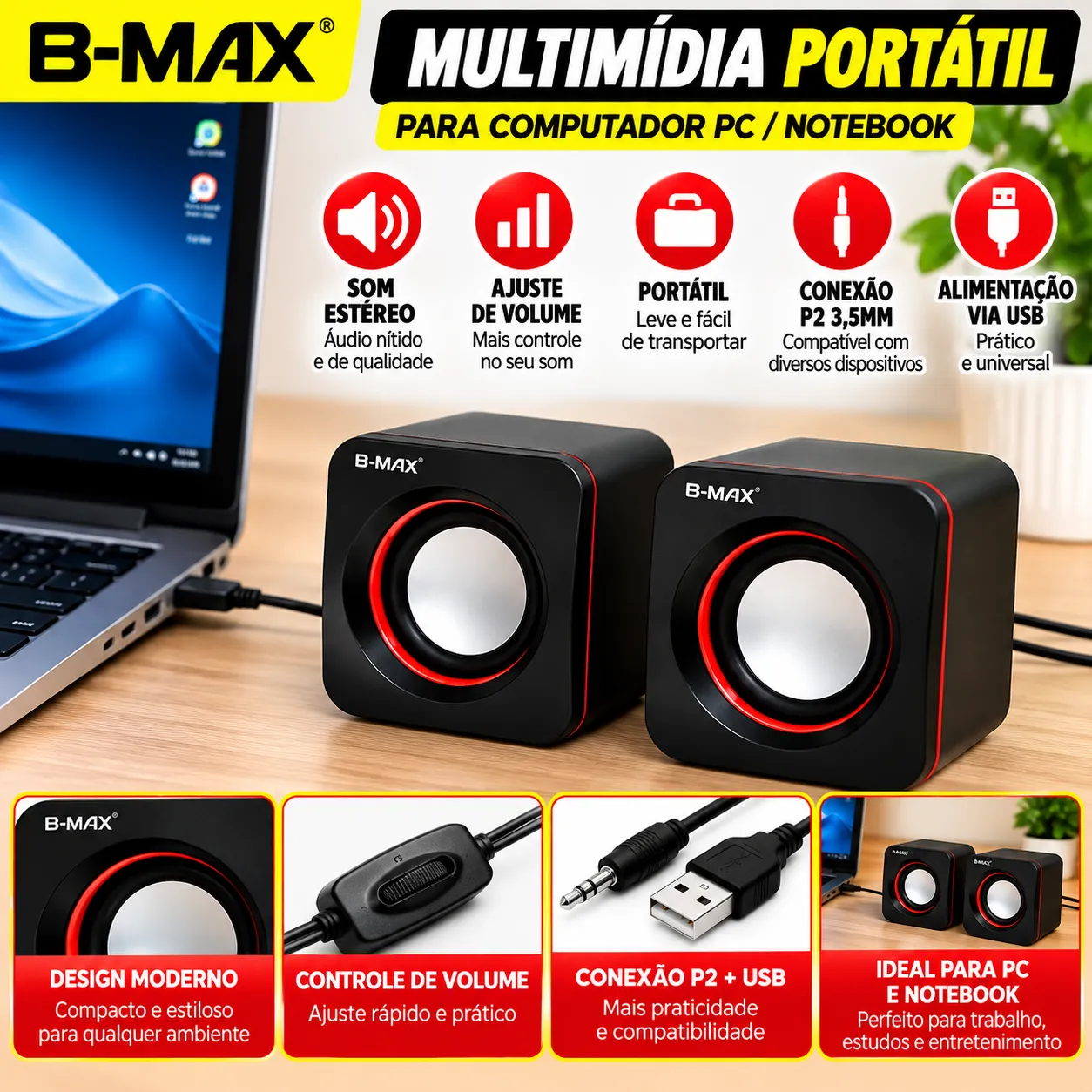 Caixa de Som Multimídia 6W RMS USB/P2 para PC e Notebook B-Max BM-S205