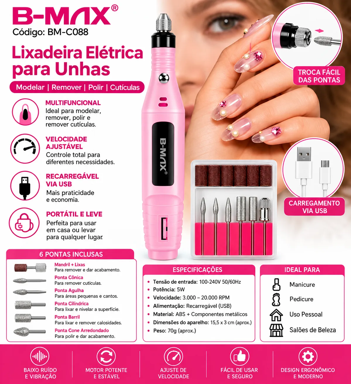 Lixa Unhas Elétrica Com 6 Ponteiras Profissional B-Max BM-C088 - 2