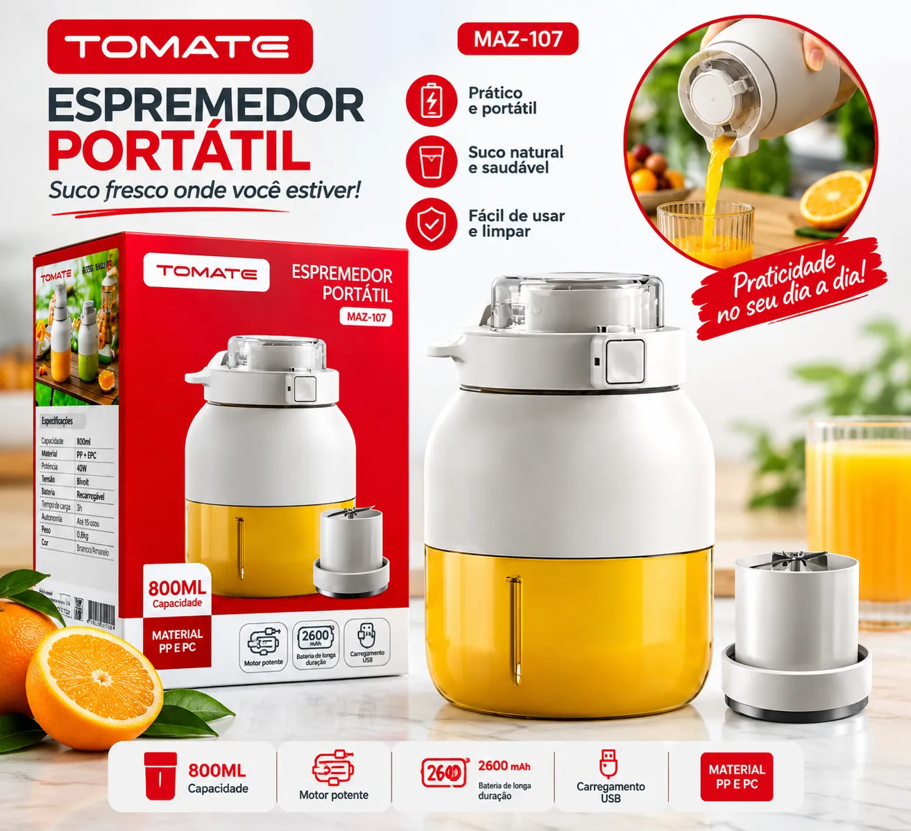 Espremedor Portátil 800ml Tomate MAZ-107