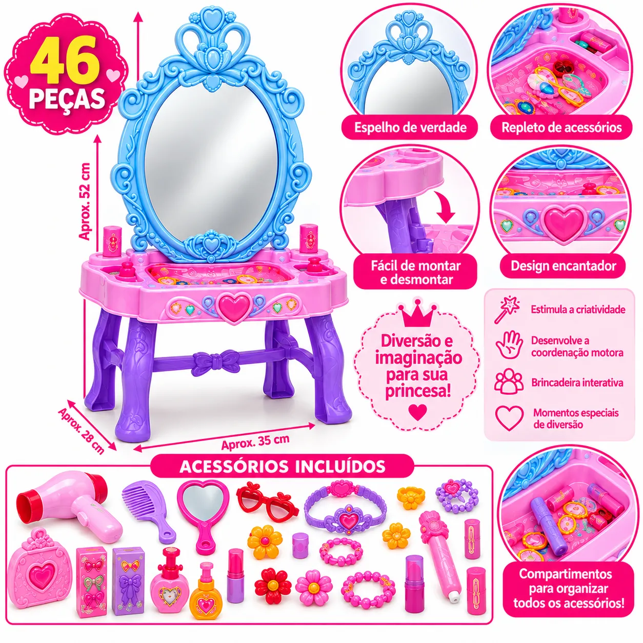 Penteadeira Infantil Cantinho da Princesa – Kit 46 Peças Toy King AB3767 - 2