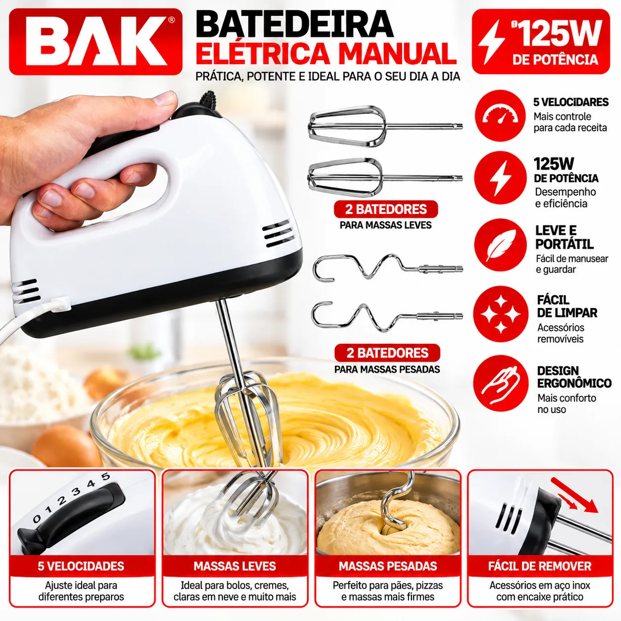 Batedeira De Mão Elétrica 300w 5 Velocidades BK-BTDPT-127 - 2