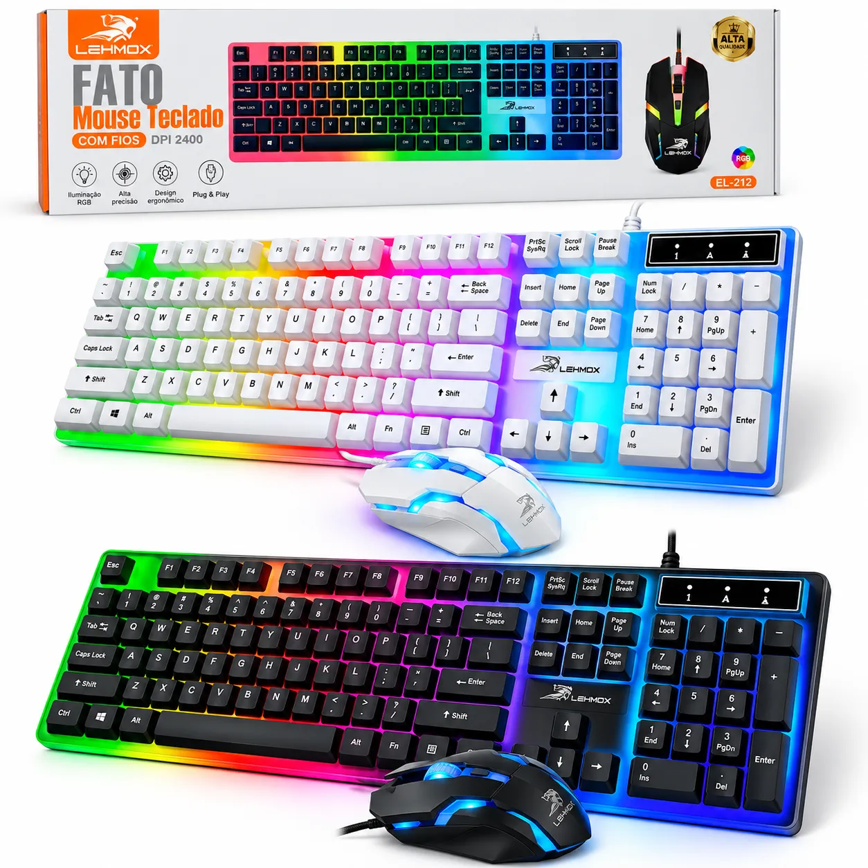 Kit Teclado e Mouse Gamer Com Fio LED RGB Eletromex EL-2112