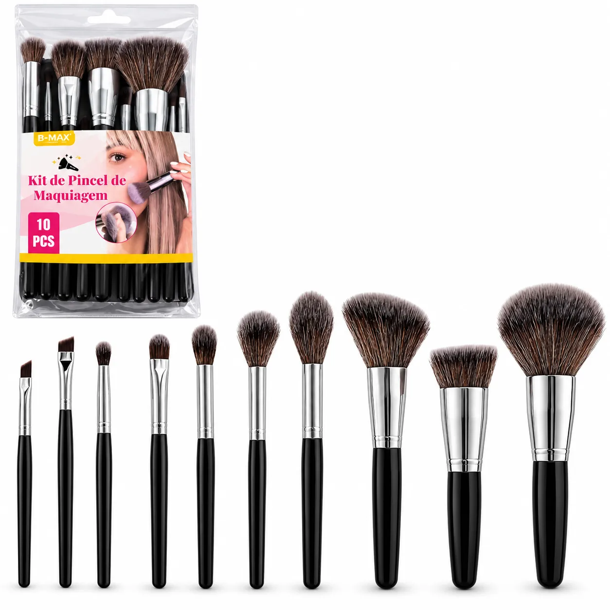 Kit Pincel de Maquiagem 10 Peças B-Max BM-F1382