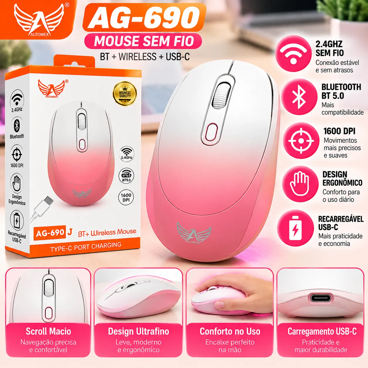 Mouse Óptico Sem Fio 4 botões Altomex AG-690J