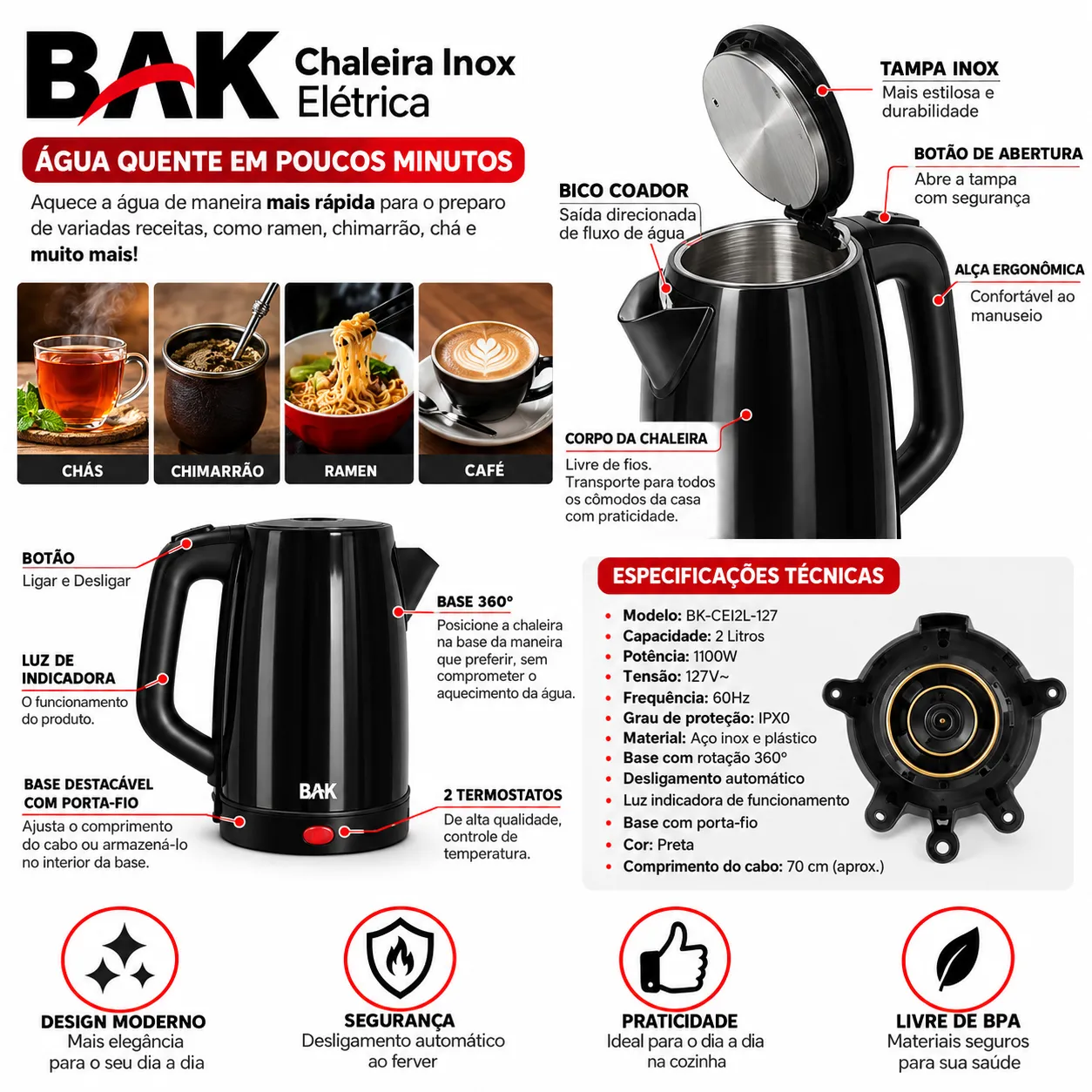 Chaleira Elétrica Inox 2 Litros 1100W 127V BAK BK-CEI2L-127 - 2
