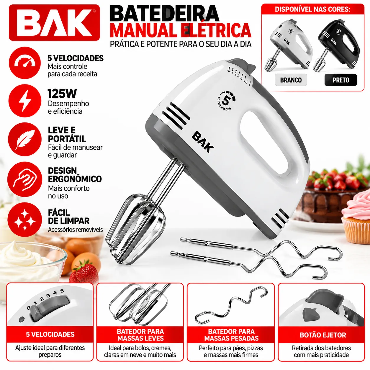 Batedeira De Mão Elétrica 300w 5 Velocidades BK-BTDPT-127