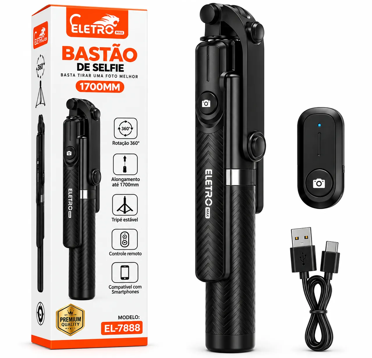 Bastão De Selfie Com Tripé Bluetooth 1,70 Metros Eletromex EL-7888