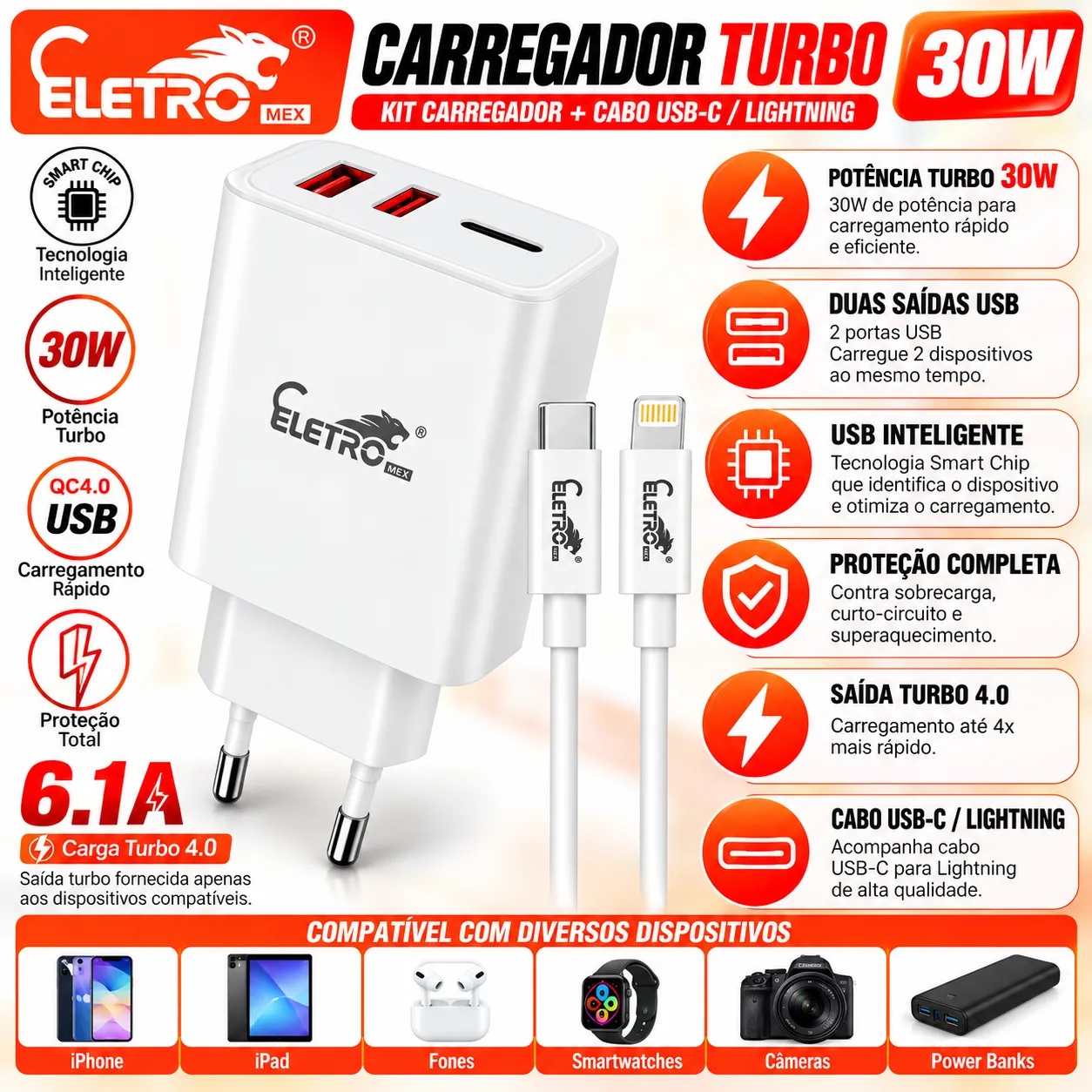 Carregador Turbo 30W com Cabo USB-C para Iphone Eletromex EL-4045-PD - 2