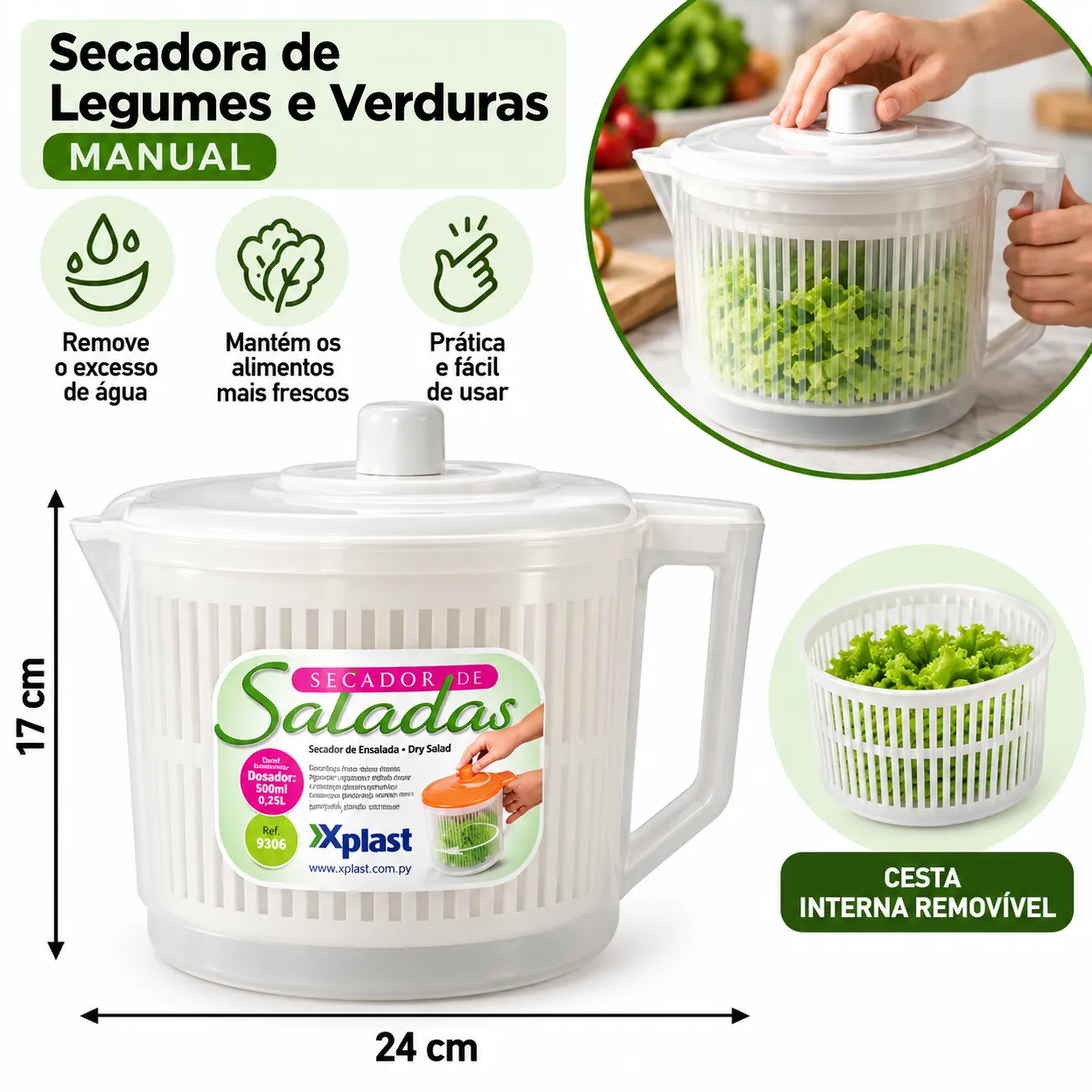 Centrífuga Manual Para Saladas 2,5 Litros Xplast 9306 - 2