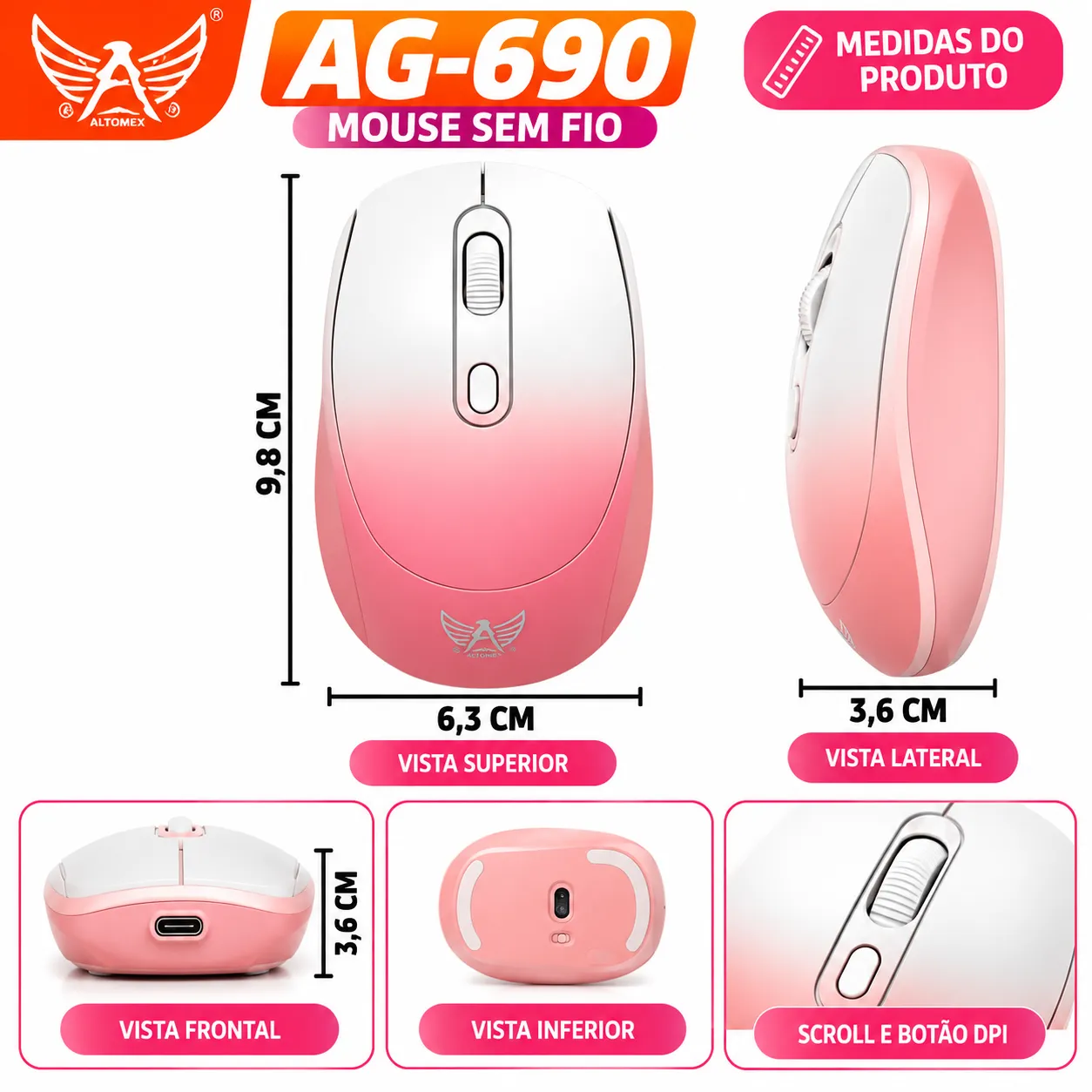 Mouse Óptico Sem Fio 4 botões Altomex AG-690J - 2