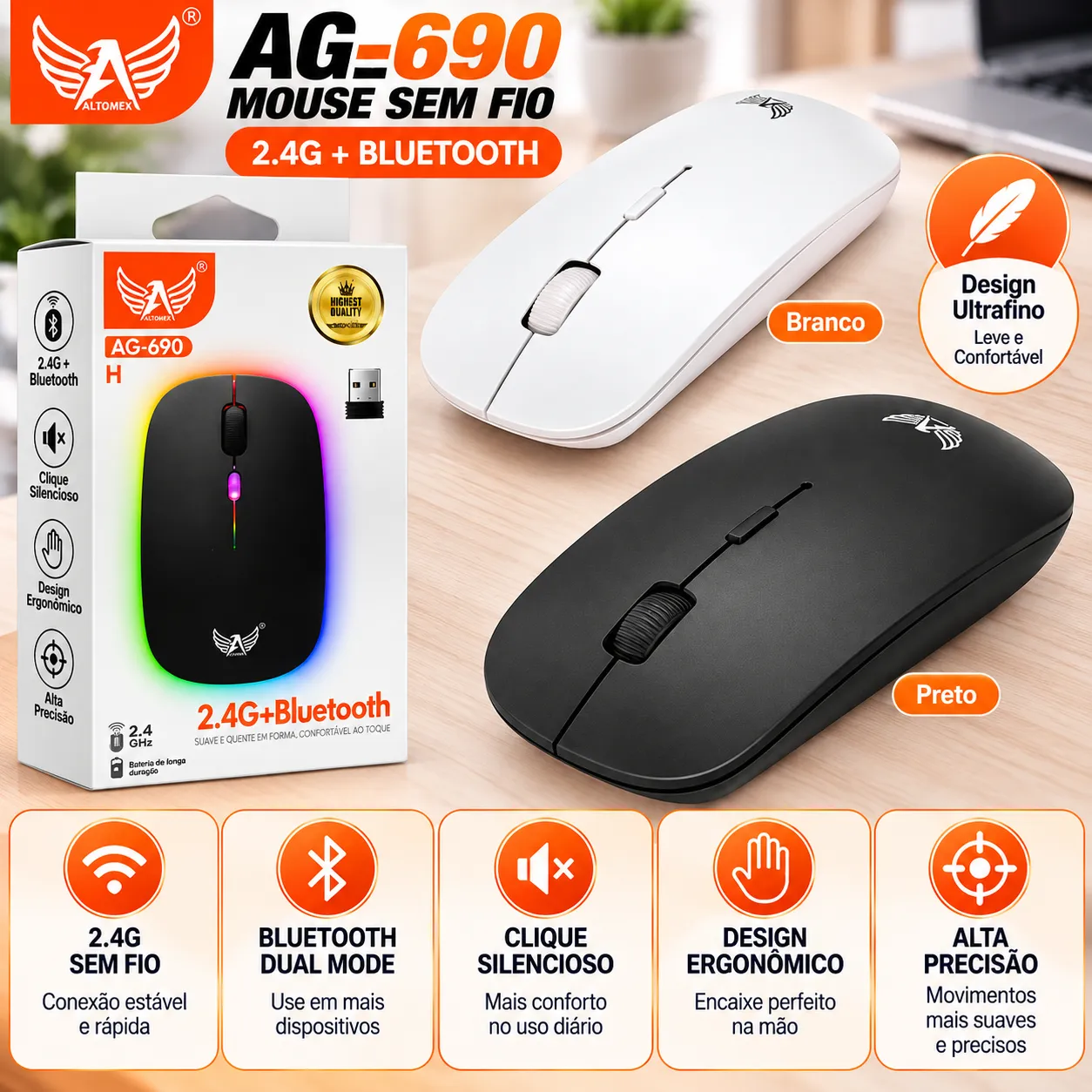 Mouse Sem Fio Bluetooth 2.4GHz Com RGB Altomex AG-690H