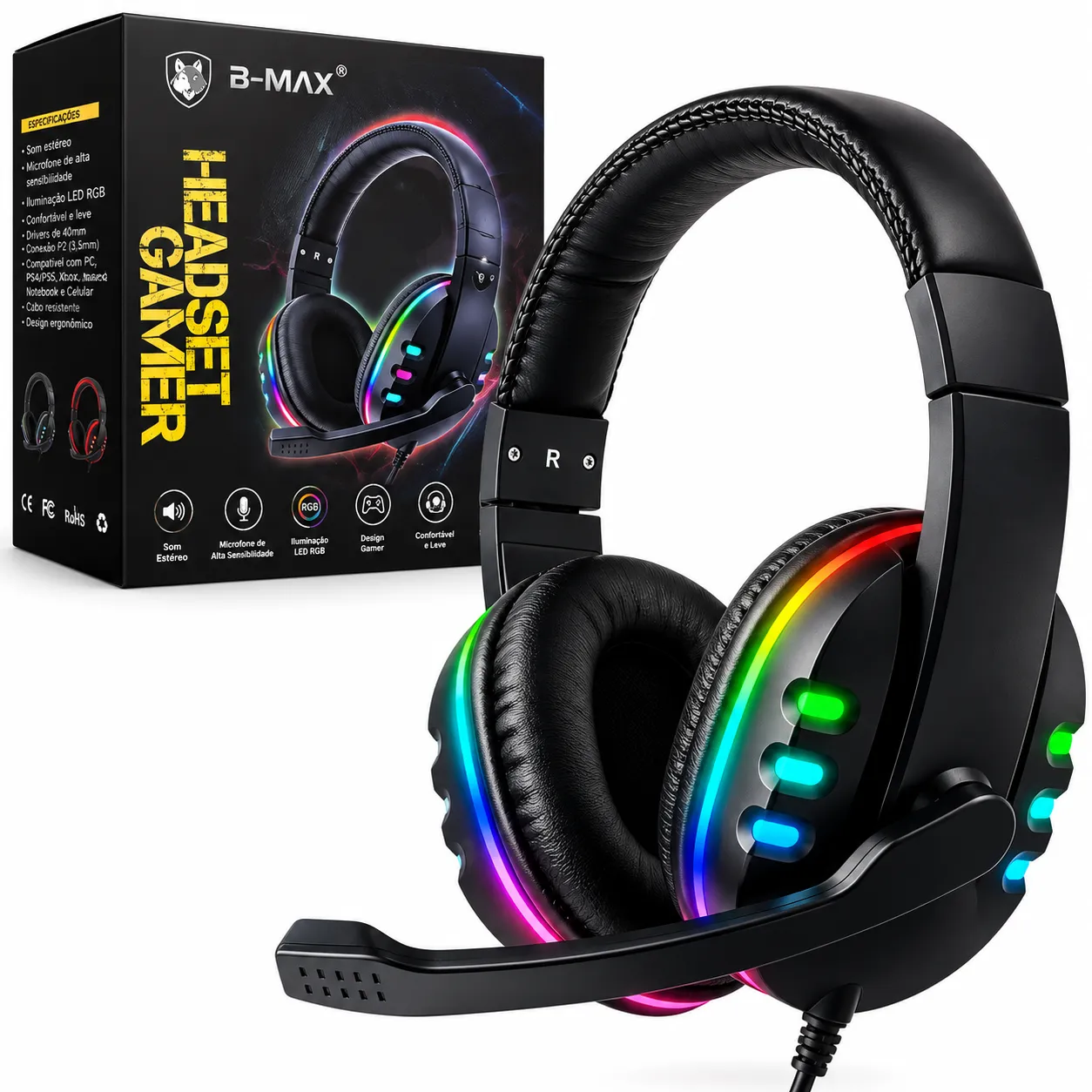Headset Gamer LED RGB Pc Ps4 Xbox One Switch P2 B-Max BM216