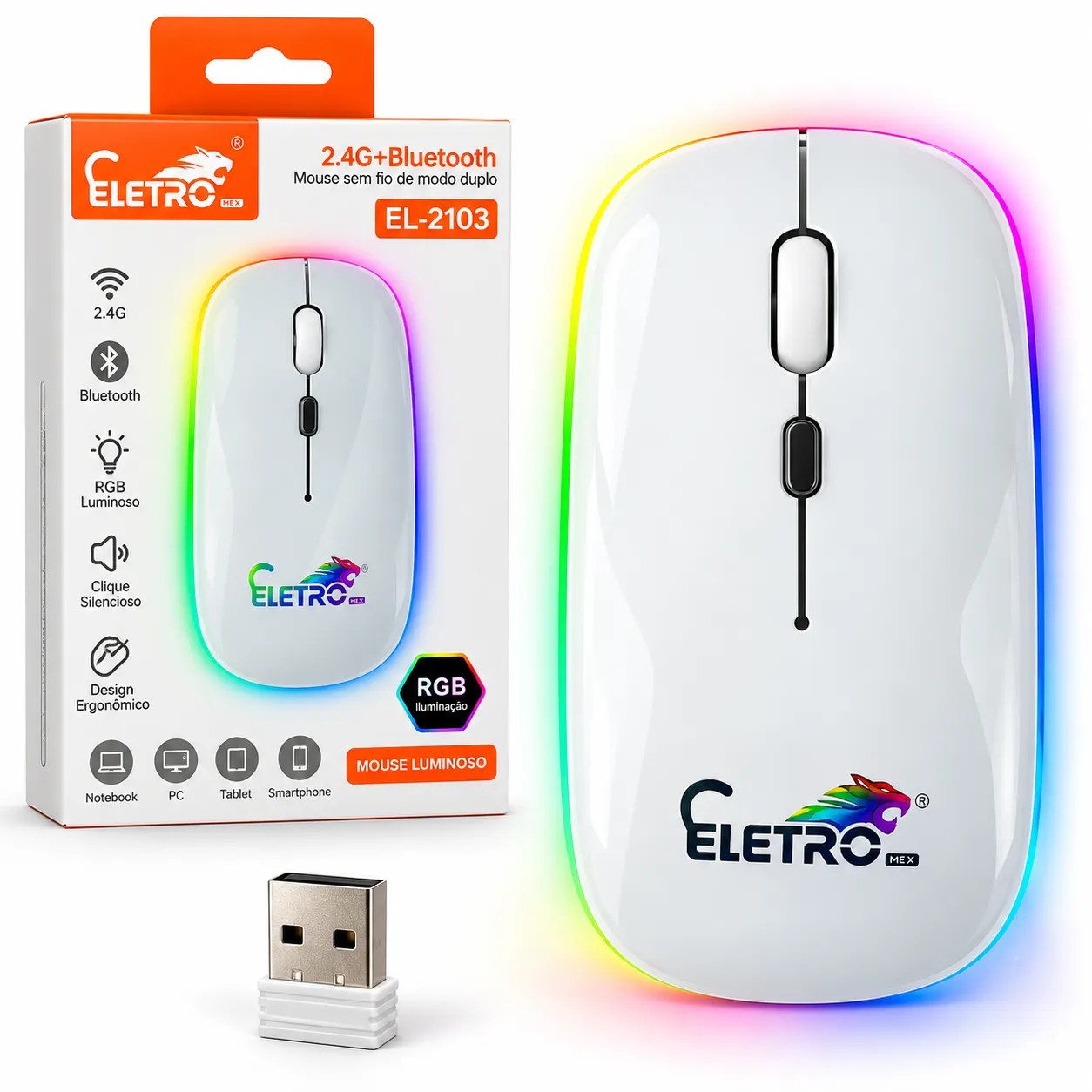 Mouse Sem Fio Recarregável Bluetooth e Antena Eletromex EL-2103