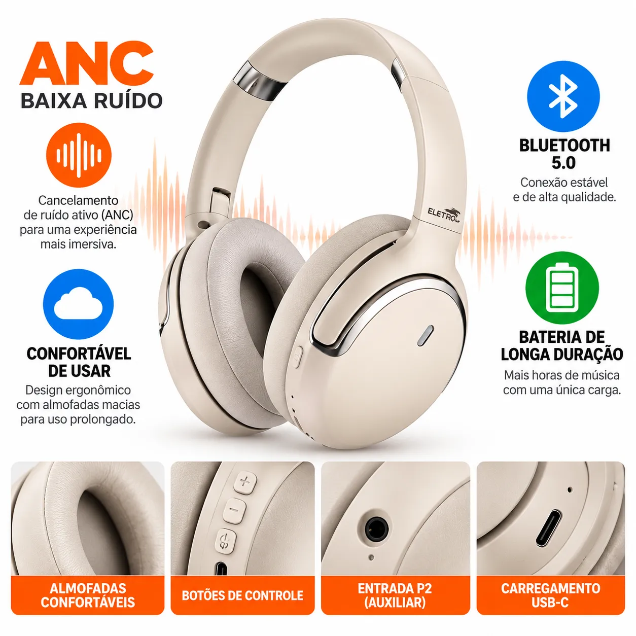 Fone de Ouvido Bluetooth Com Cancelamento de Ruído Eletromex EL-1511 - 2