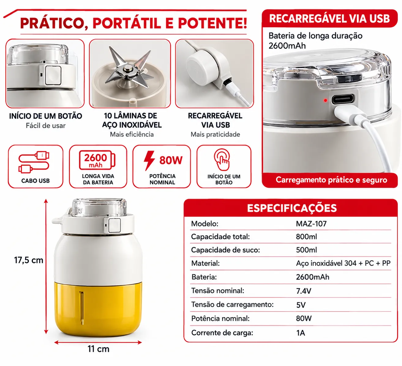 Espremedor Portátil 800ml Tomate MAZ-107 - 2