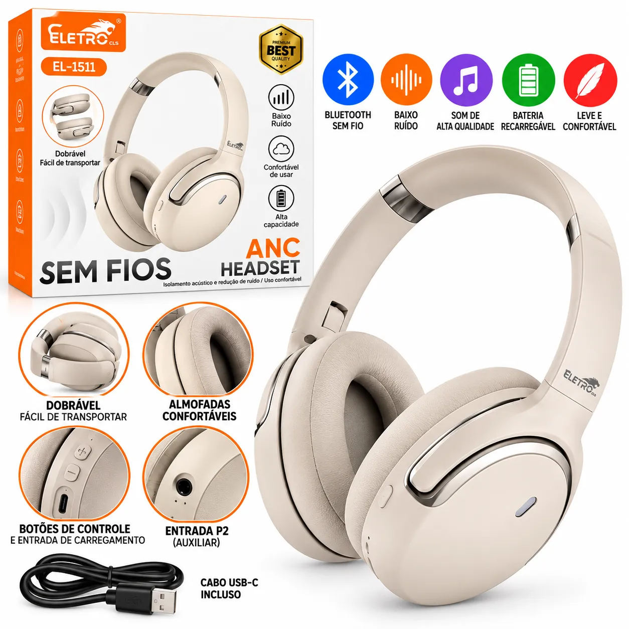 Fone de Ouvido Bluetooth Com Cancelamento de Ruído Eletromex EL-1511