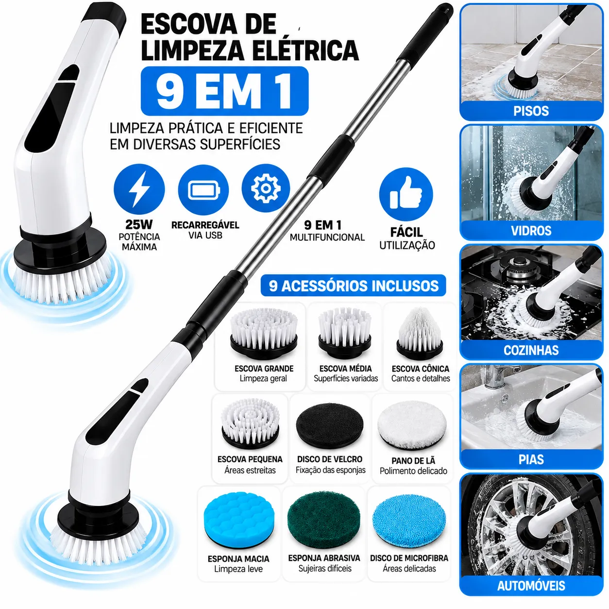 Esfregão Giratório Elétrico 9 Em 1 B-Max BM-F1052 - 2