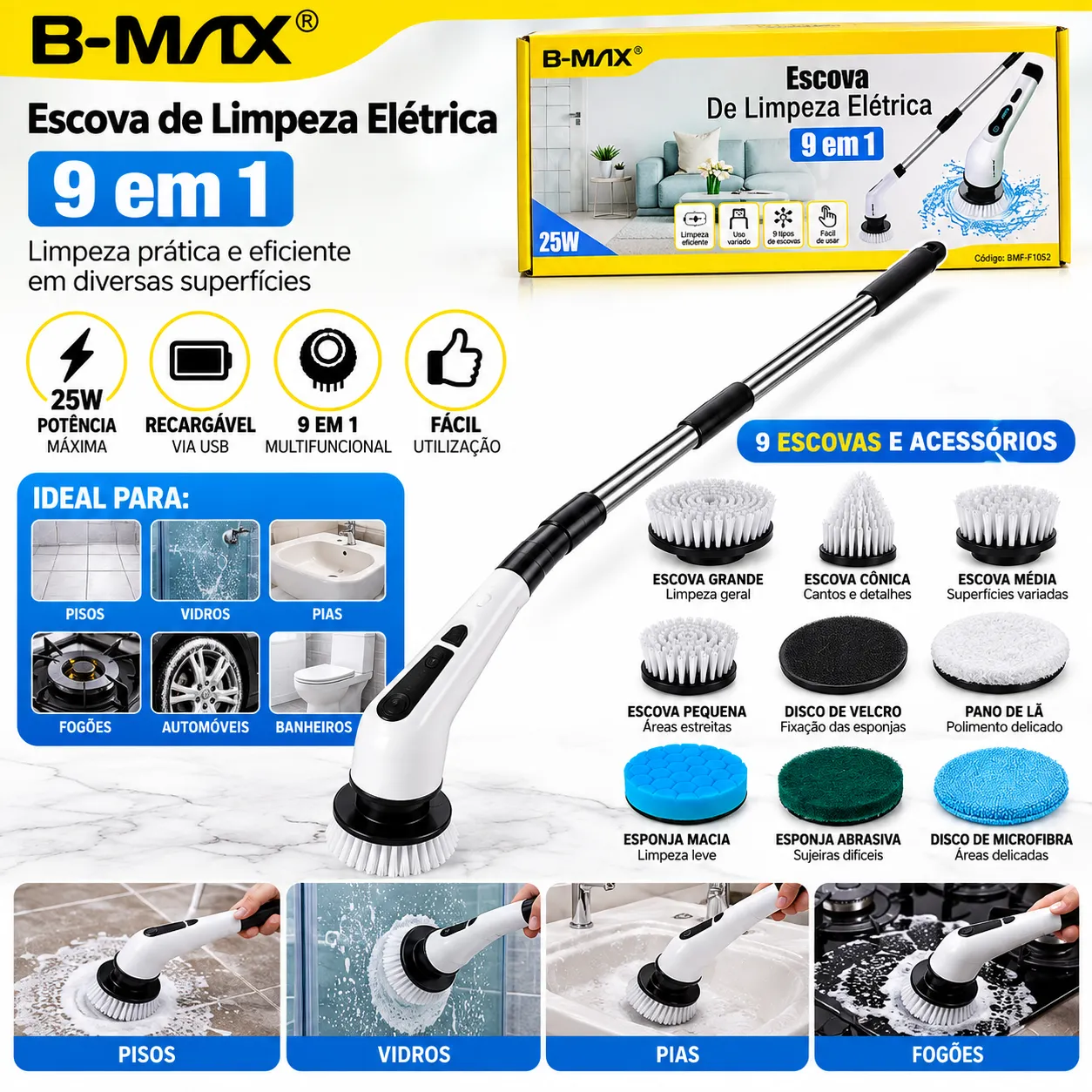 Esfregão Giratório Elétrico 9 Em 1 B-Max BM-F1052