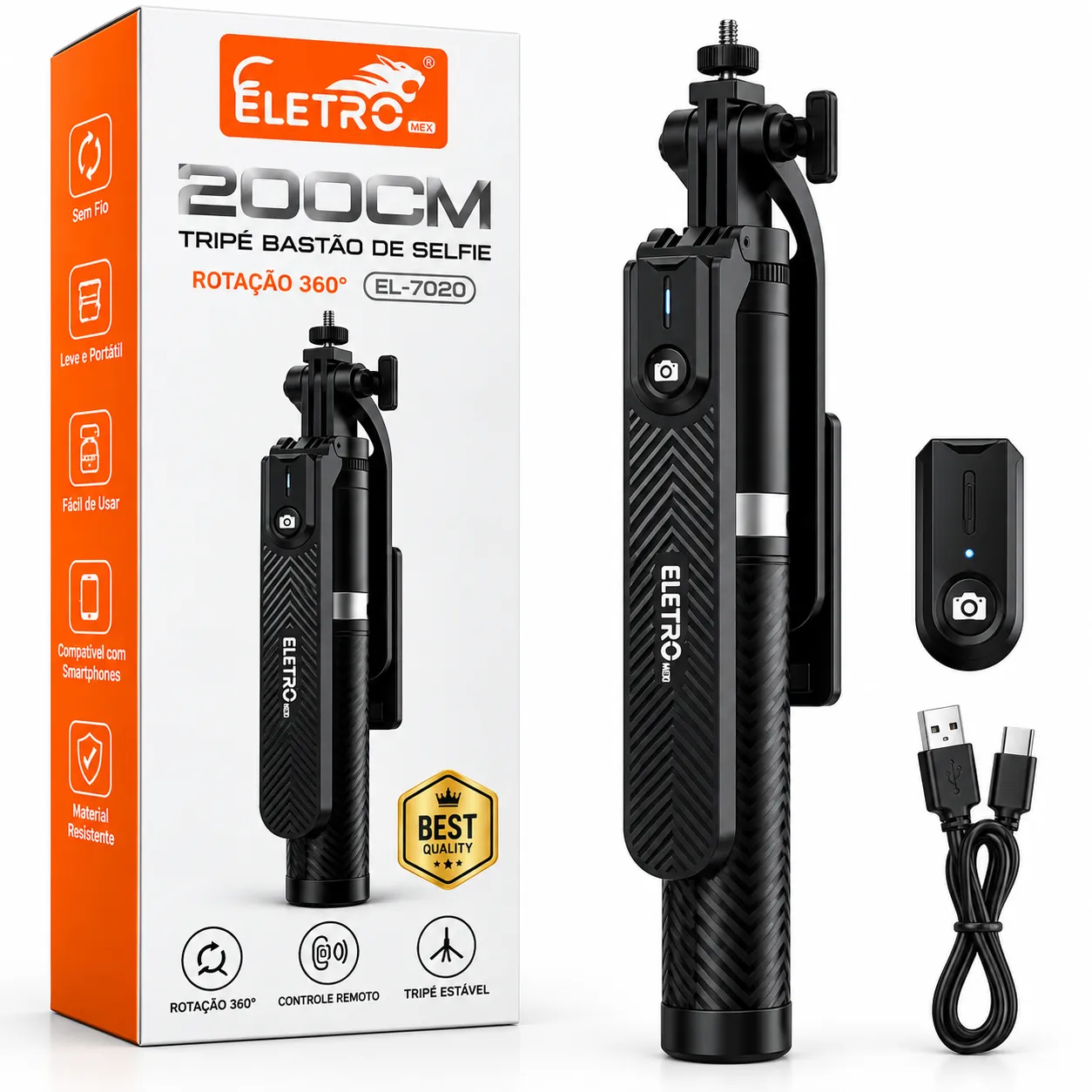 Tripé Bastão De Selfie Bluetooth 2 Metros Eletromex EL-7020