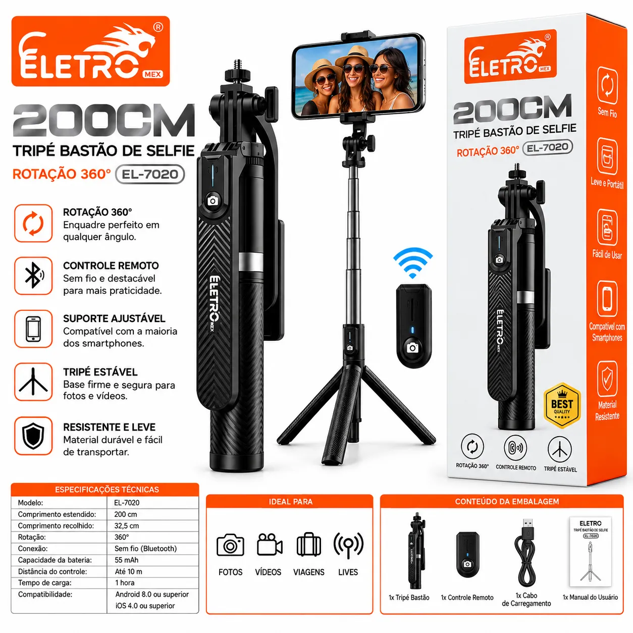Tripé Bastão De Selfie Bluetooth 2 Metros Eletromex EL-7020 - 2