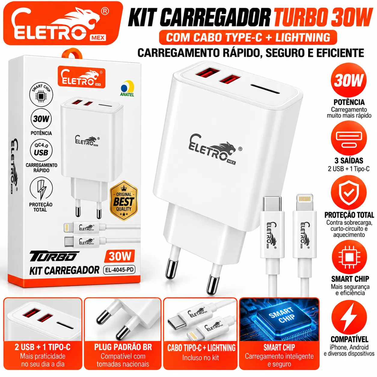 Carregador Turbo 30W com Cabo USB-C para Iphone Eletromex EL-4045-PD