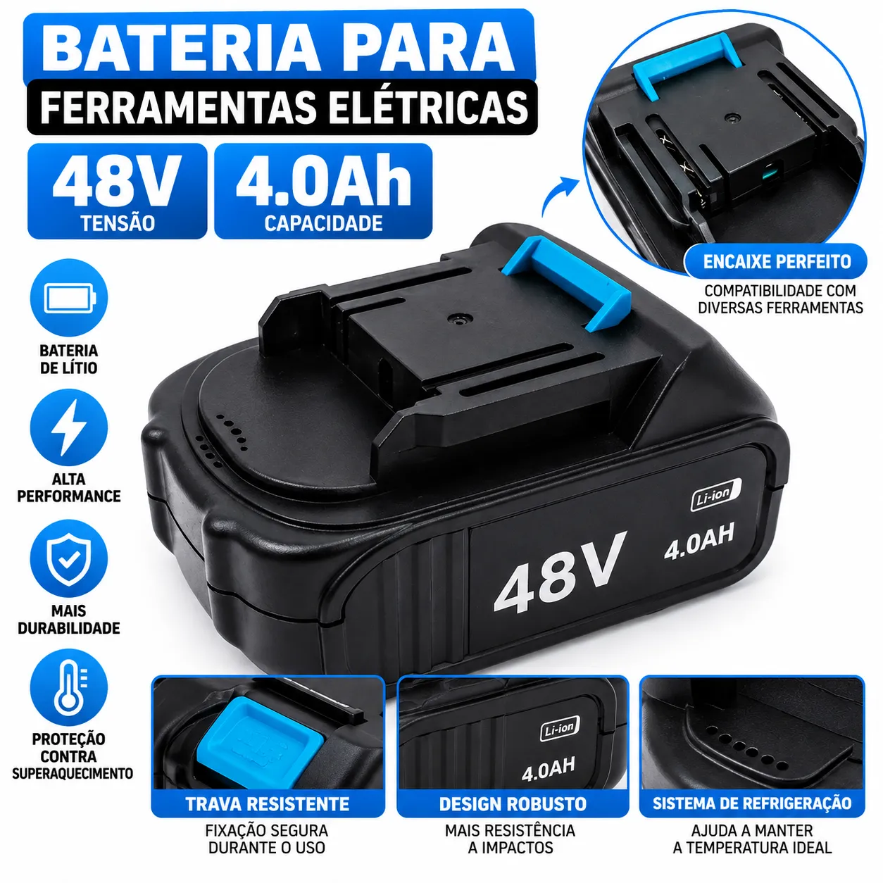 Bateria Recarregável 48V 4.0Ah Lítio para Ferramentas Elétricas Luatek BT-48