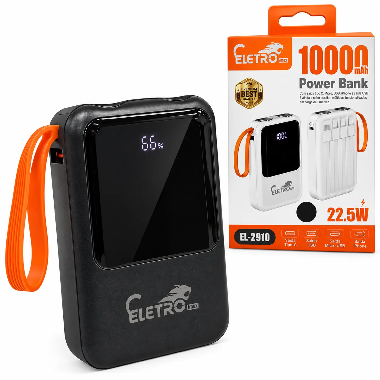 Carga Extra 10.000mAh 4 Interfaces Com Lanterna Eletromex EL-2910
