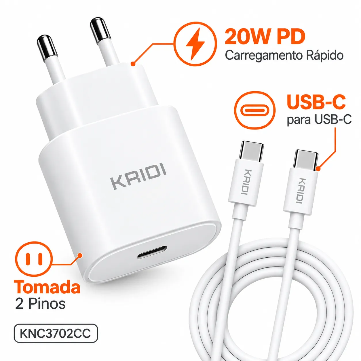 Carregador 20W PD USB-C Com Cabo Type C Kaidi KNC3702CC - 2