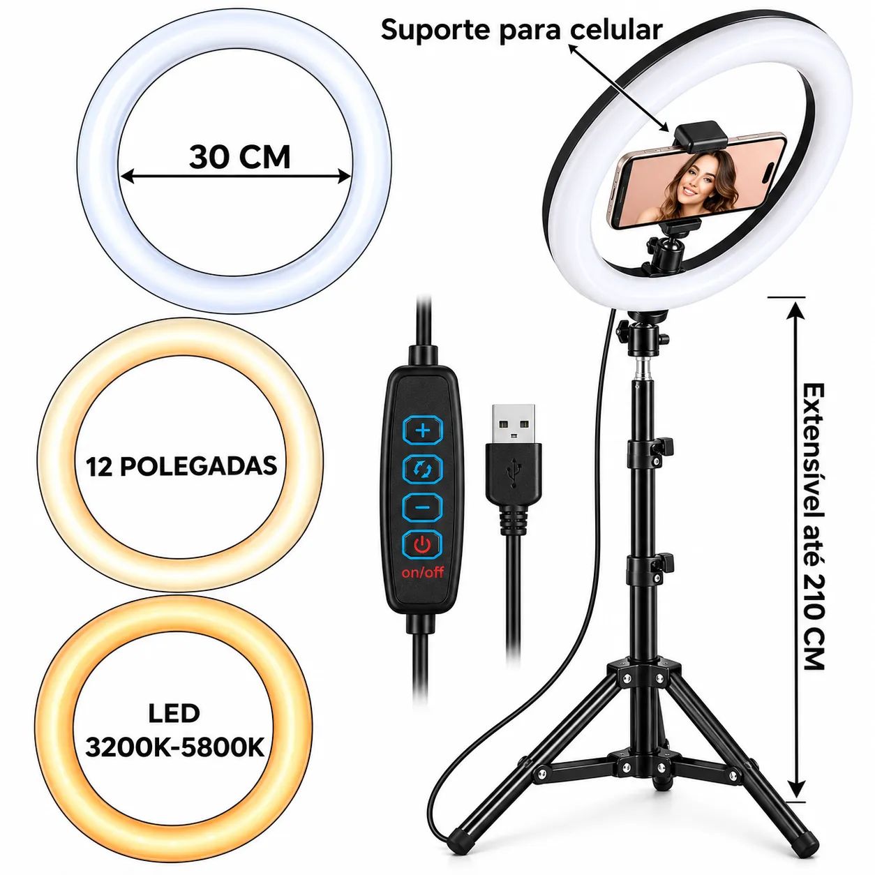 Iluminador Ring Light 12 Polegadas Com Tripé 210 cm B-Max BM-L04 - 3