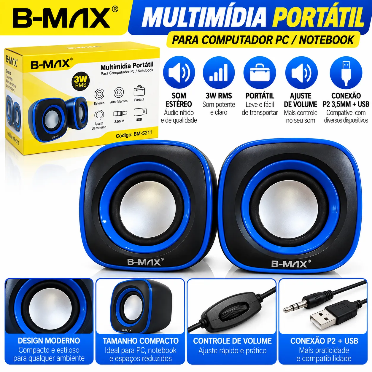 Caixa De Som Multimídia 6W B-Max BM-S211