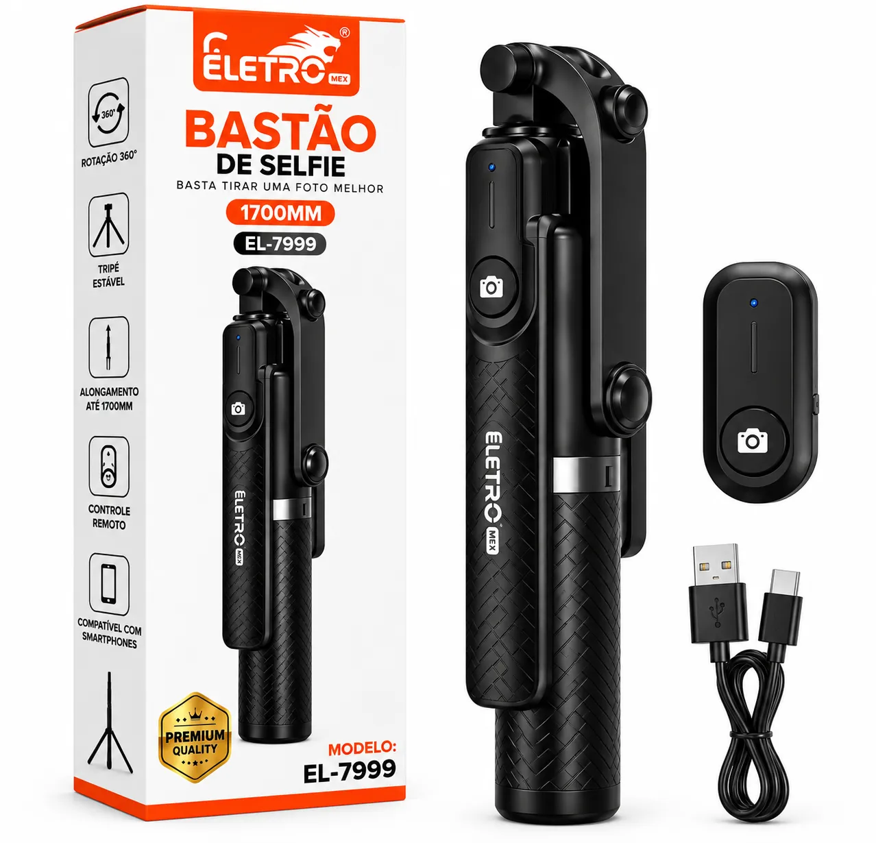 Bastão De Selfie Com Tripé Bluetooth e Iluminador 1,70 Metros Eletromex EL-7999